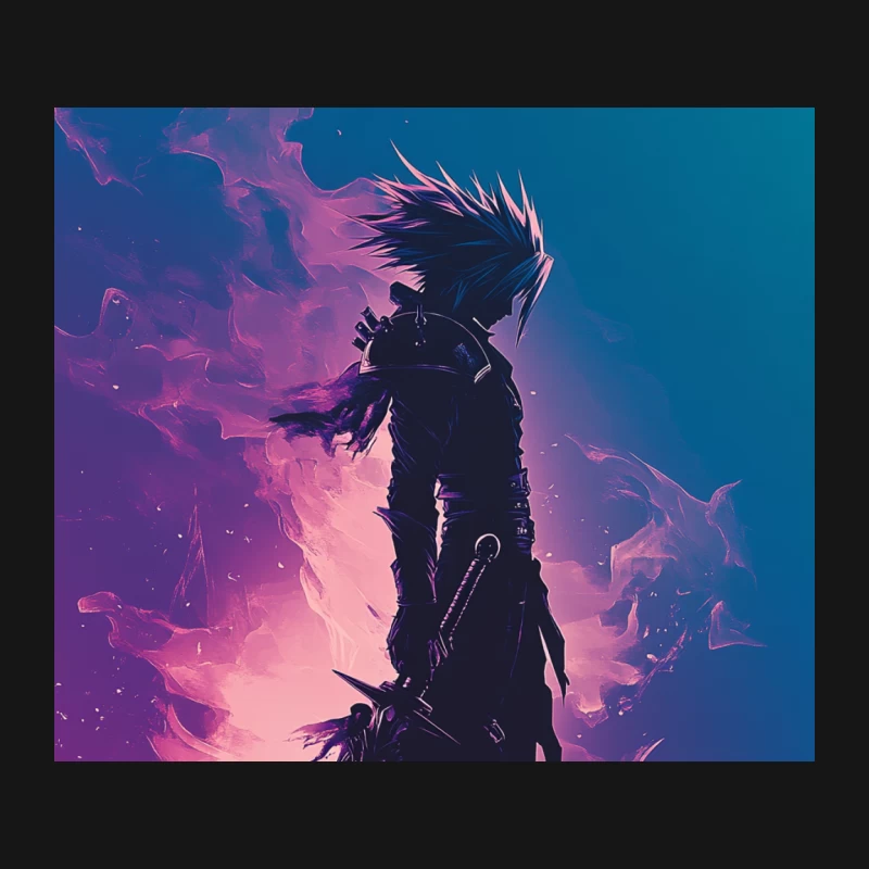 Cosmic Warrior: Silhouette with Giant Sword Against Purple Nebula Mouse Pad