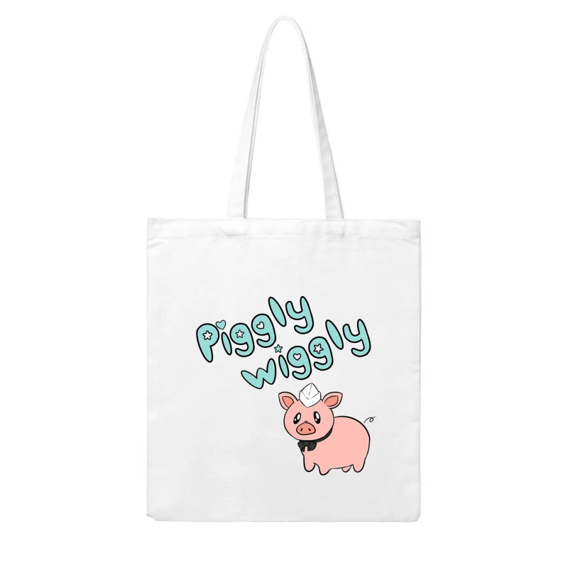 Cute Cartoon Pig with "Piggly Wiggly" Text Cotton Tote Bag