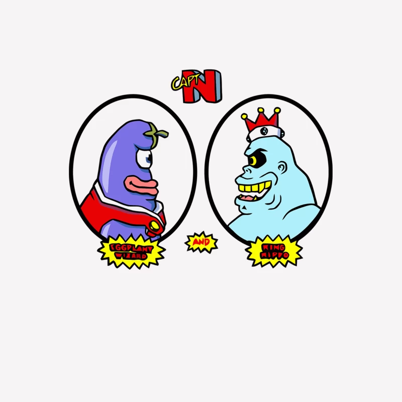 Retro Gaming Cartoon Characters: Eggplant Man Meets King Hippo Male T-Shirt