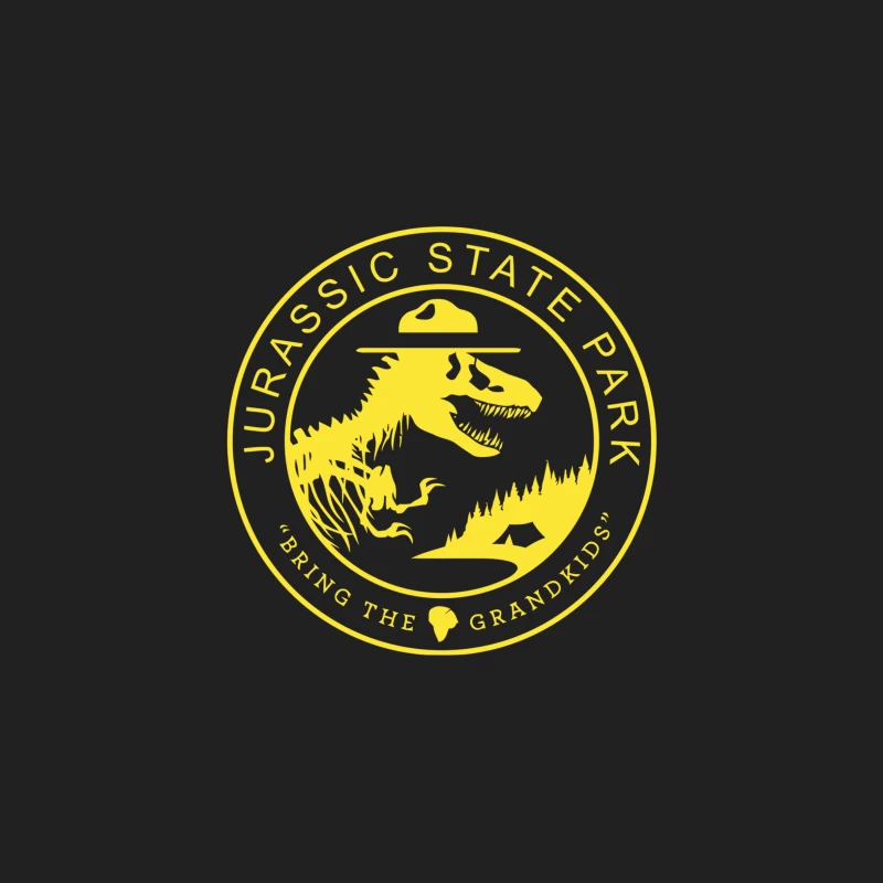 Jurassic State Park: Yellow Circular Emblem with T-Rex and Ranger Hat Bucket Hat