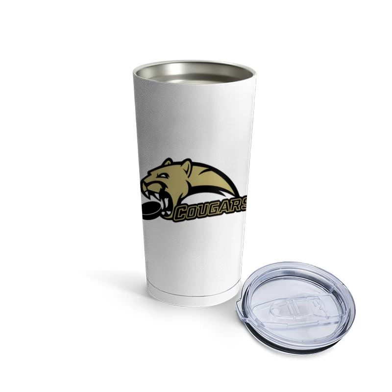 Gold and Black Cougar Hockey Team Mascot Logo Travel Mug