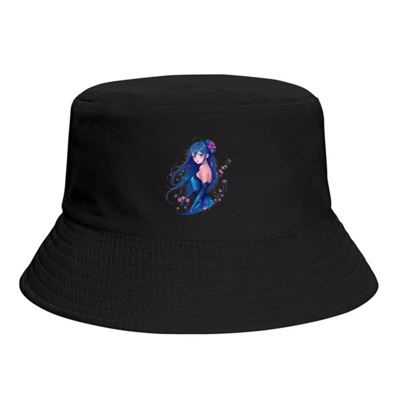 Elegant Anime Girl with Blue Hair and Floral Accents in Evening Dress Bucket Hat