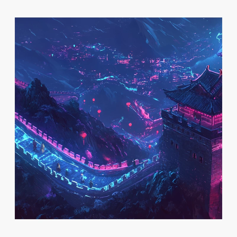 Mystical Neon Great Wall: A Fantasy Night Landscape Throw Pillow
