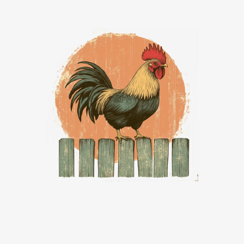 Vintage Rooster Illustration on Rustic Fence Female Long Sleeve T-Shirt