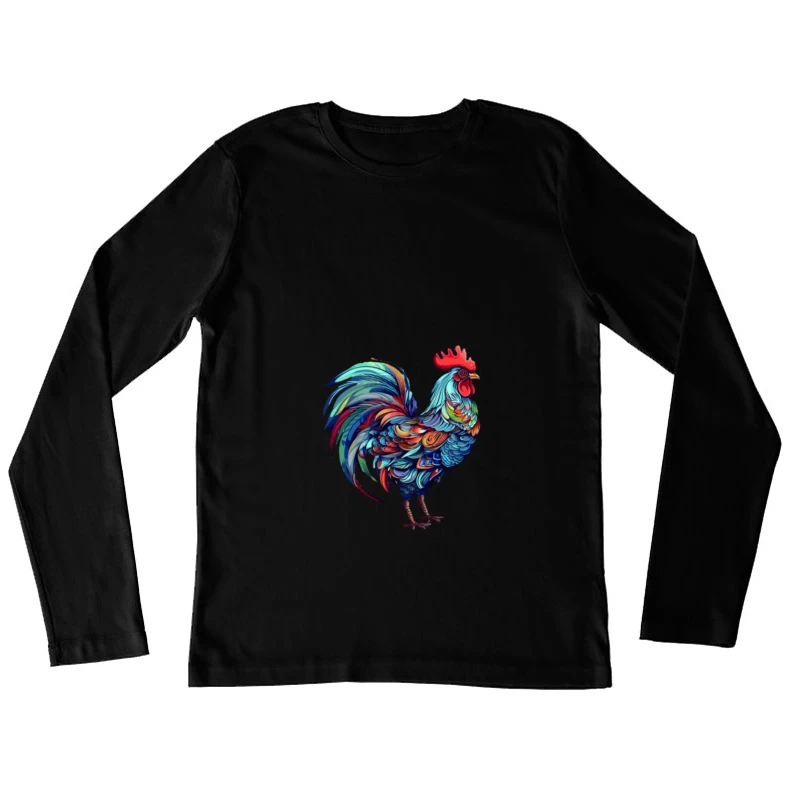 Bunter Hahn Kunstdesign Damen Langarm T-Shirt