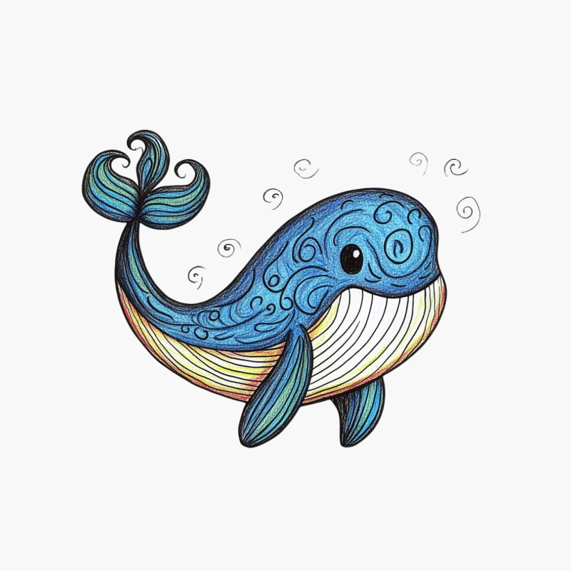 Cute Blue Whale Cartoon Illustration with Swirling Patterns Cotton Tote Bag