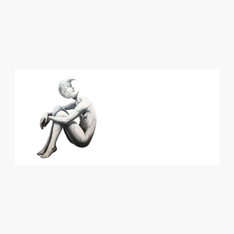 Surreal Moonhead Sculpture: Cracked Porcelain Figure in Monochrome Coffee Mug