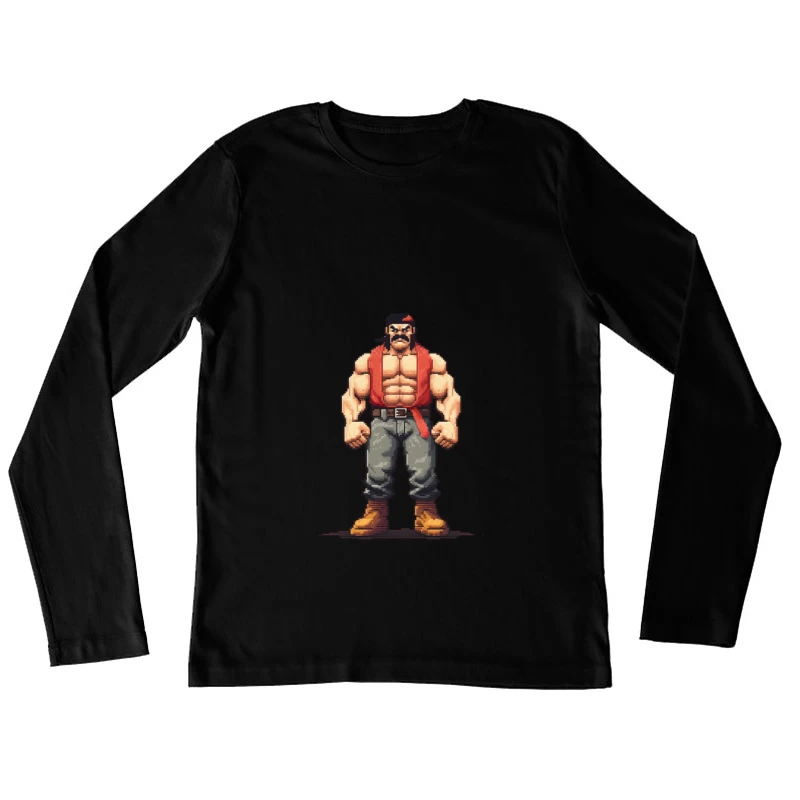 Retro Pixel Art Muscular Fighter in Red Vest Female Long Sleeve T-Shirt