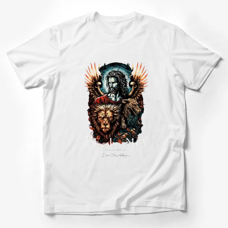 Mystical Religious Gothic Art with Lion and Angel Wings Male T-Shirt