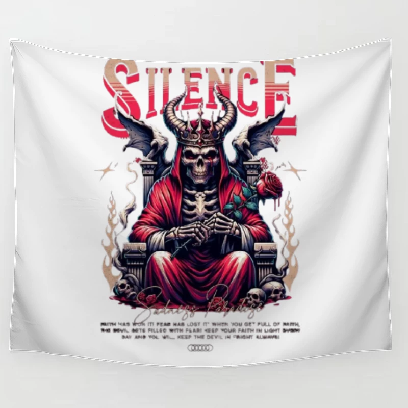 Gothic Skull King on Throne with Red Roses Tapestry