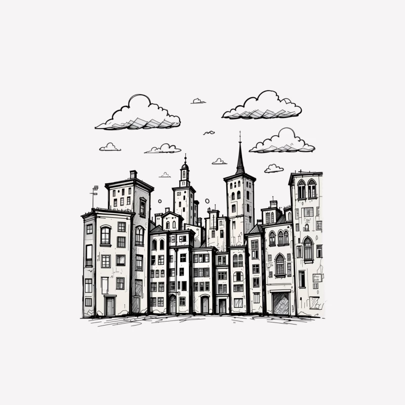 Stylized Black and White Cityscape Illustration Female T-Shirt