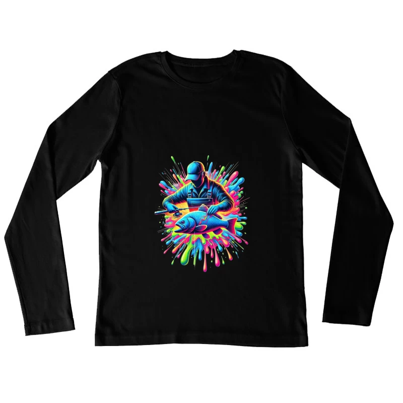 Neon Fishing Adventure Digital Art with Vibrant Color Splash Female Long Sleeve T-Shirt