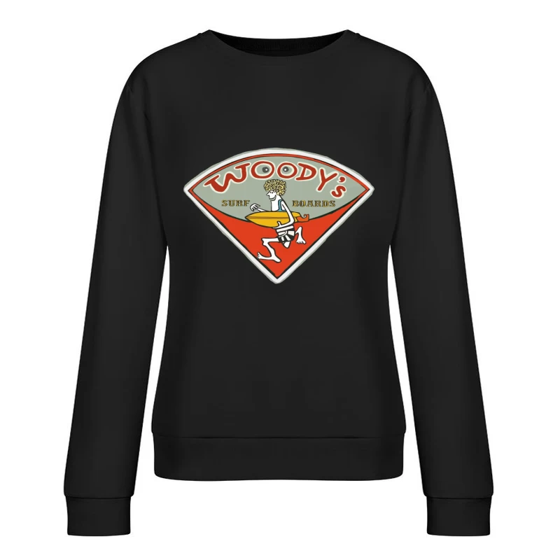 Vintage Woody's Surf Boards Logo with Cartoon Surfer Female Pullover Sweatshirt