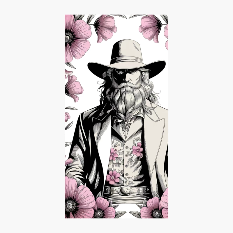Bearded Cowboy Portrait Surrounded by Pink Floral Illustration iPhone Case
