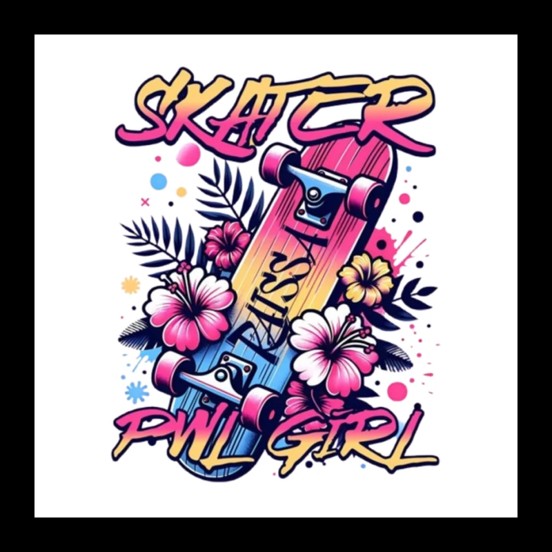 Tropical Skater Girl Typography with Floral Design Pin