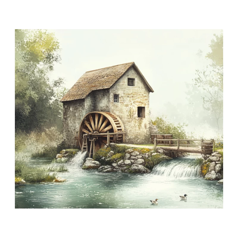 Rustic Watermill by the River: A Serene Rural Landscape Tapestry