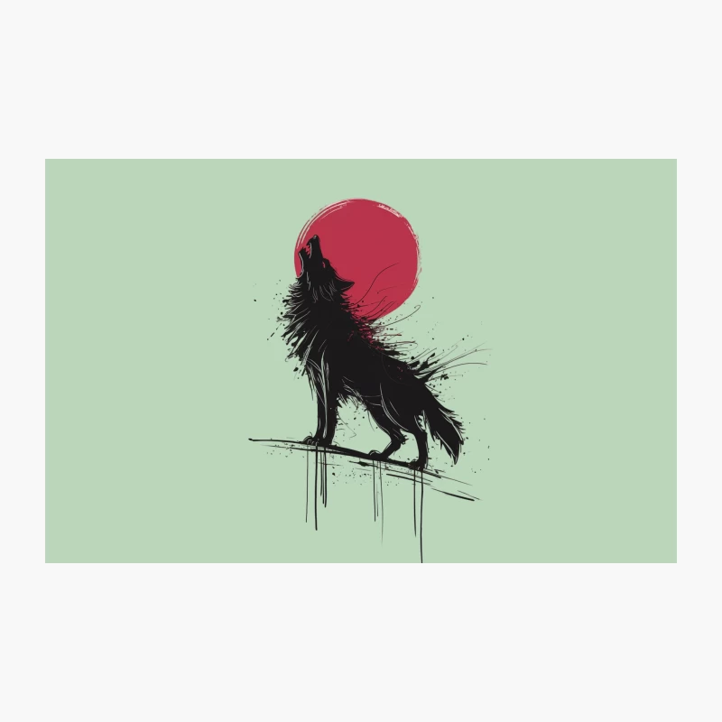 Howling Wolf Silhouette Against Red Moon in Ink Art Style Travel Mug