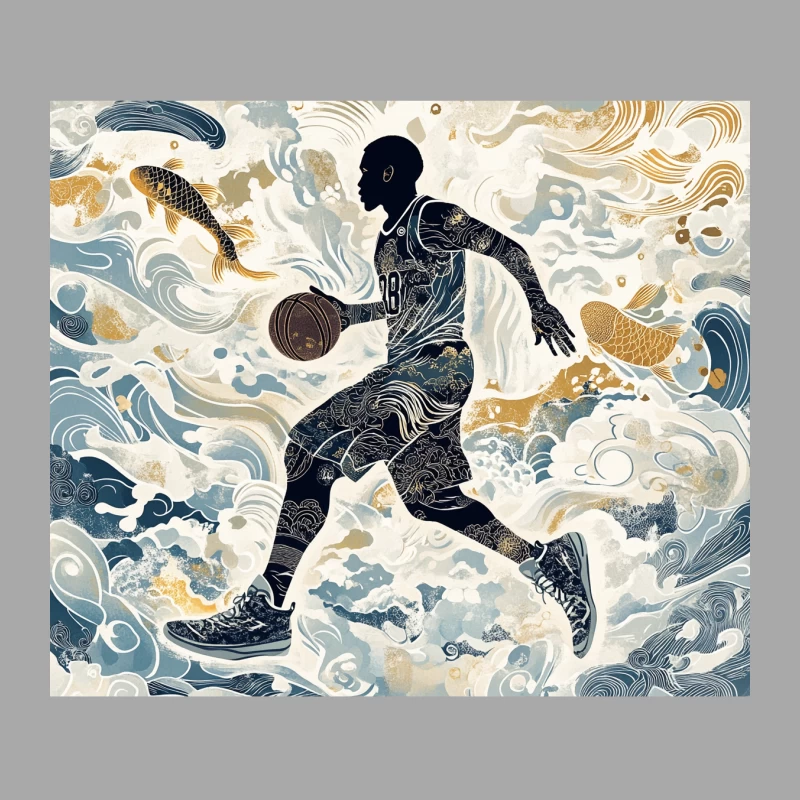 Aquatic Fusion: Basketball Player's Silhouette Amidst Ocean Waves and Koi Female Pullover Hoodie