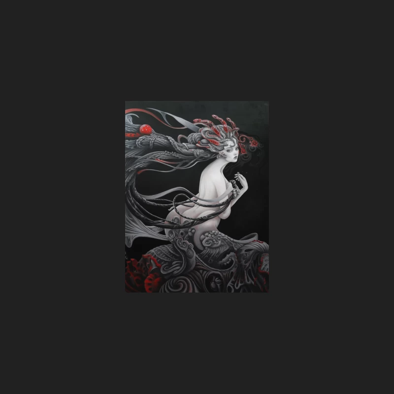 Surreal Monochrome Fantasy: Tentacled Mythical Being with Red Accents Bucket Hat