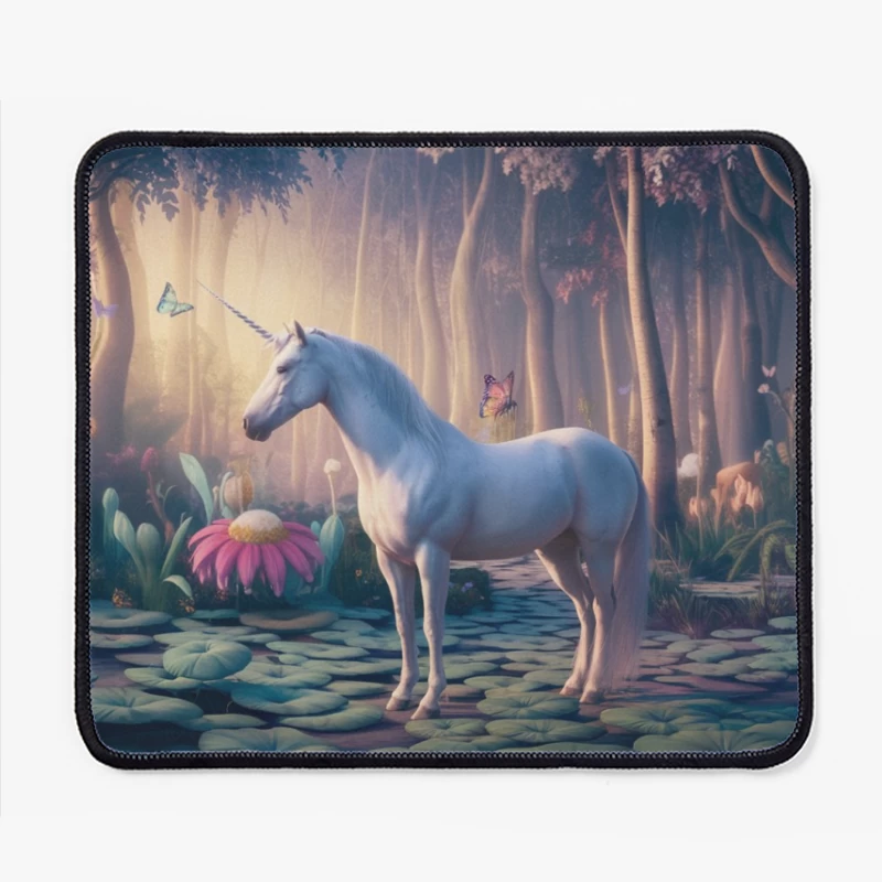 Magical Unicorn in Enchanted Fantasy Forest Mouse Pad