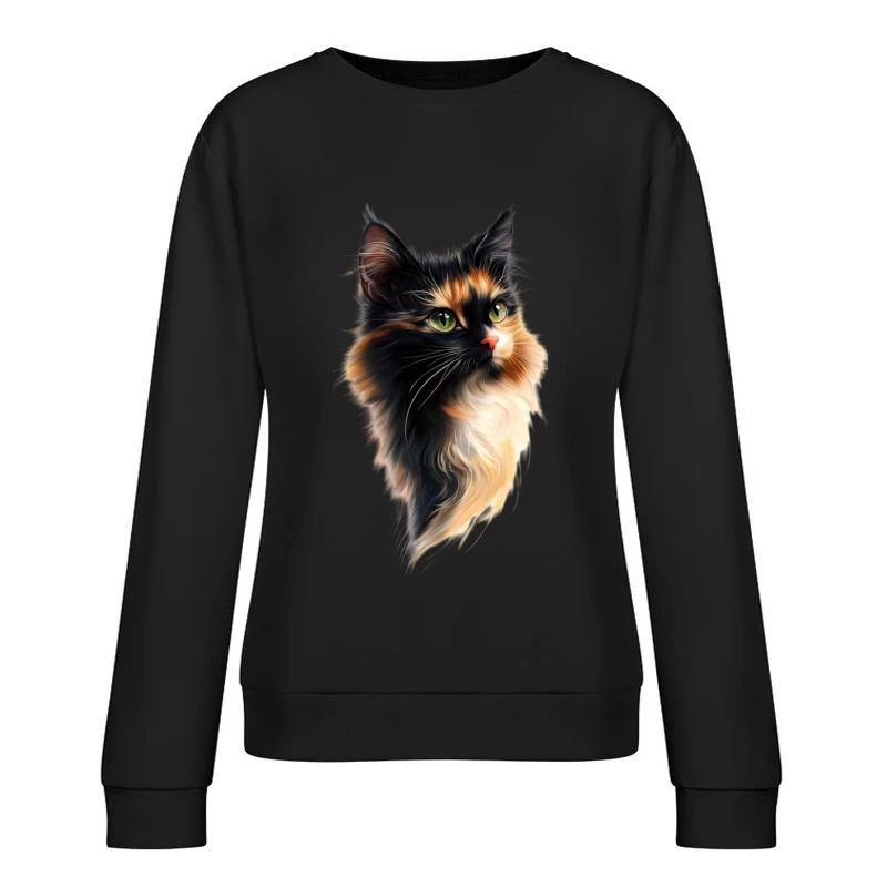 Stunning Portrait of a Fluffy Multicolored Cat Female Pullover Sweatshirt