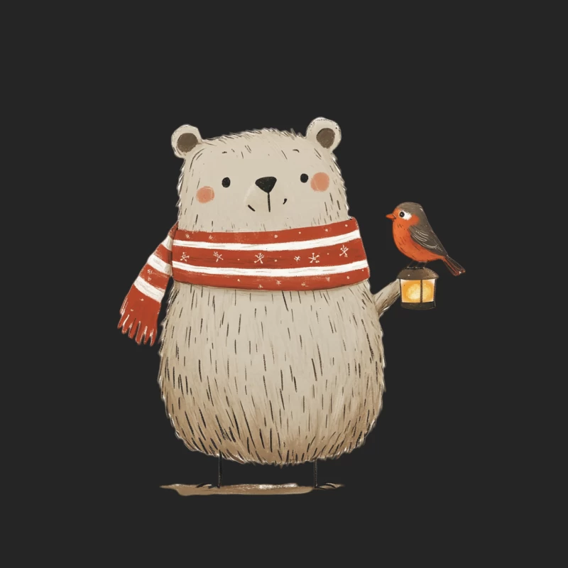 Cute Illustrated Bear with Winter Scarf and Bird Friend Holding Lantern Male Pullover Sweatshirt