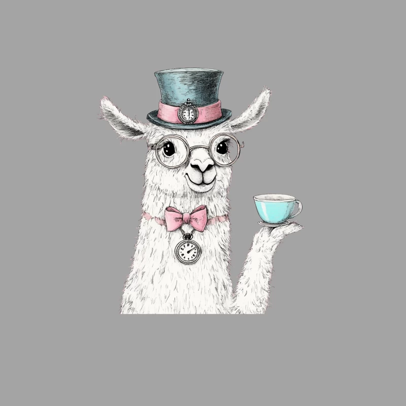 Whimsical Illustrated Llama in Top Hat and Glasses Holding Teacup Female T-Shirt