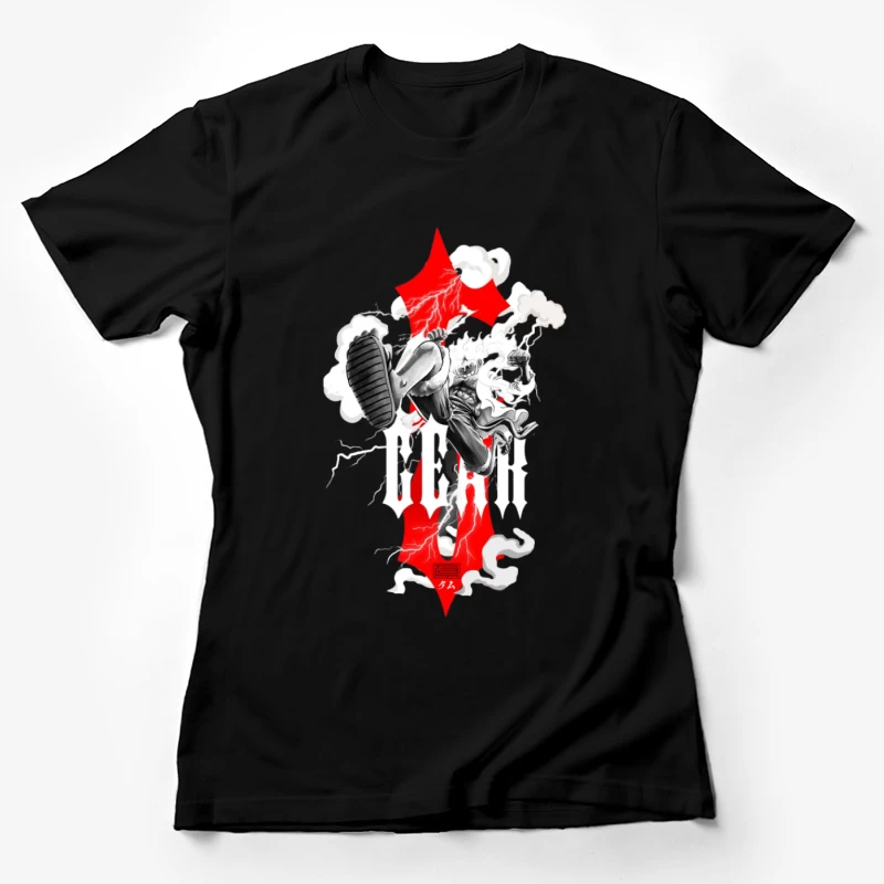 Dynamischer Charakter mit Blitz und rotem Design Damen T-Shirt
