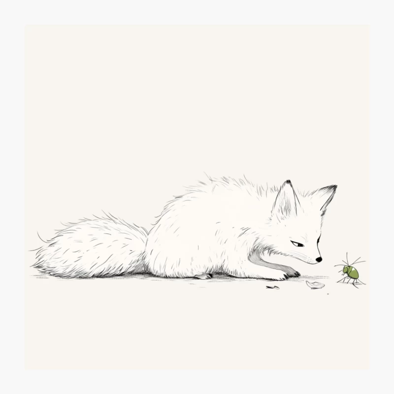 Minimalist Black and White Illustration of Arctic Fox Meeting Bug Pin