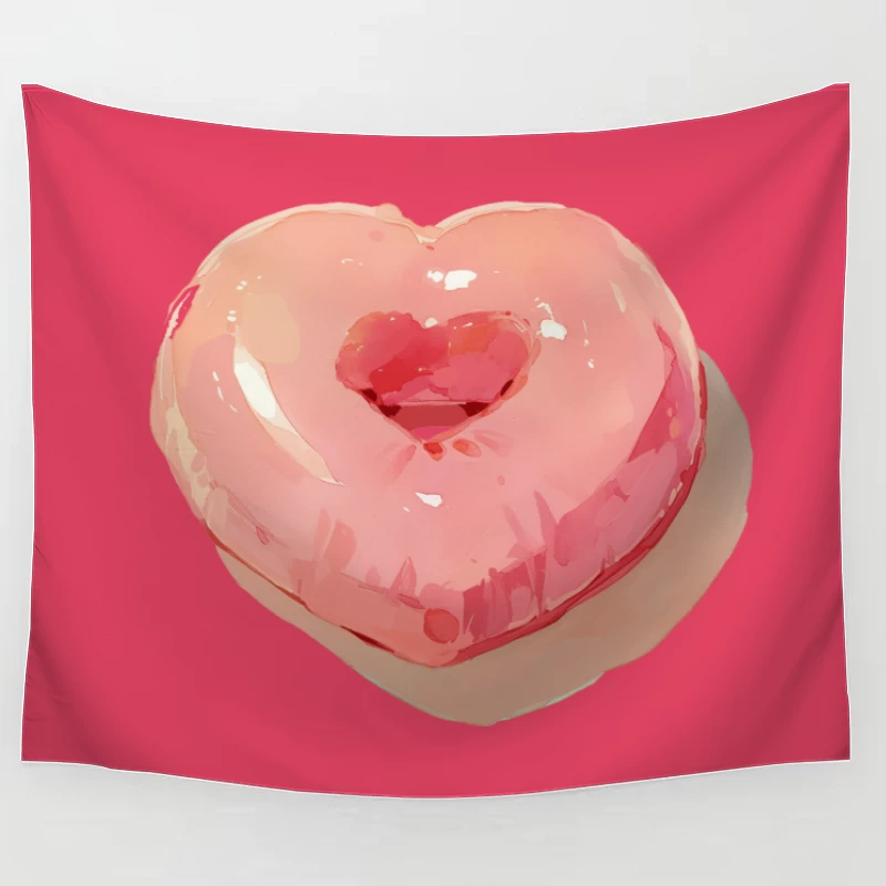 Pink Heart-Shaped Glazed Donut Digital Illustration Tapestry