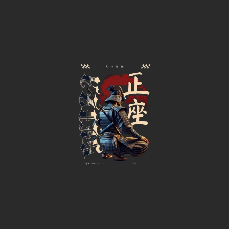 Kneeling Samurai Warrior with Traditional Japanese Calligraphy Baseball Cap