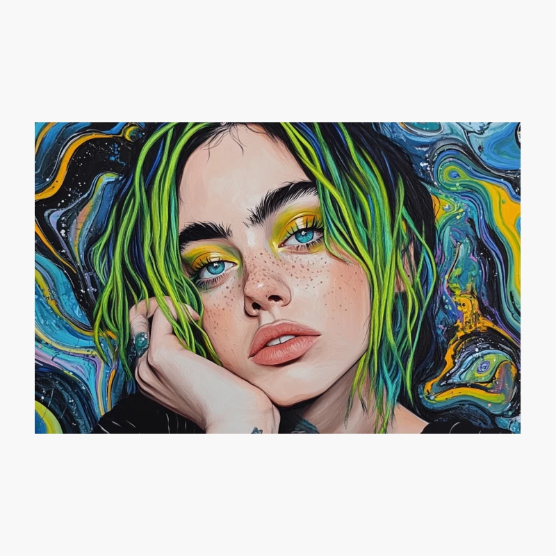 Vibrant Portrait with Green Hair and Surreal Background Travel Mug