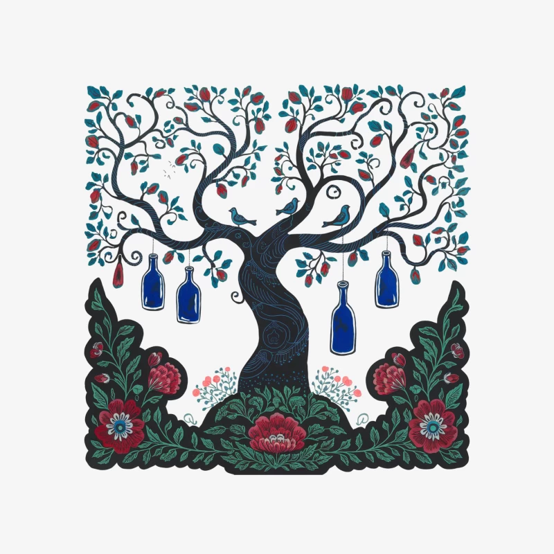 Whimsical Tree of Life Folk Art with Blue Bottles and Red Flowers Female Pullover Sweatshirt