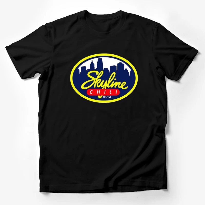 Skyline Chili Restaurant Brand Logo with Cincinnati Cityscape Male T-Shirt