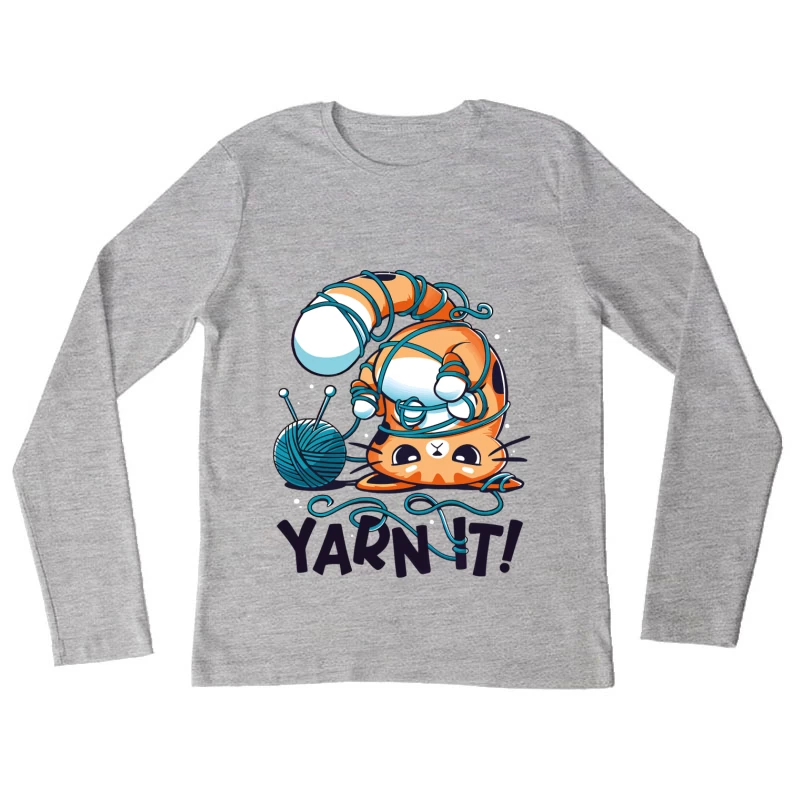 Yarn It! Whimsical Cat Illustration Female Long Sleeve T-Shirt