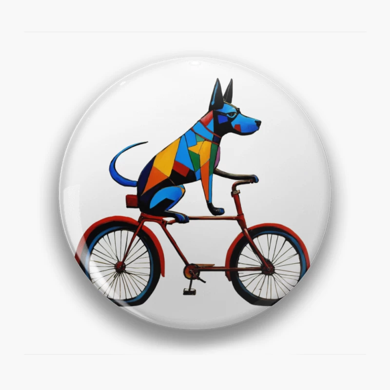 Geometric Colorful Dog Riding Red Bicycle Art Pin