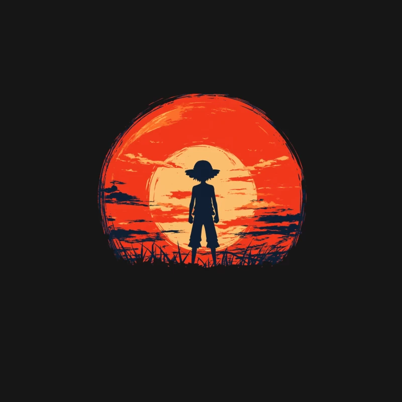 Silhouetted Straw Hat Figure Against Fiery Anime Sunset Female Long Sleeve T-Shirt