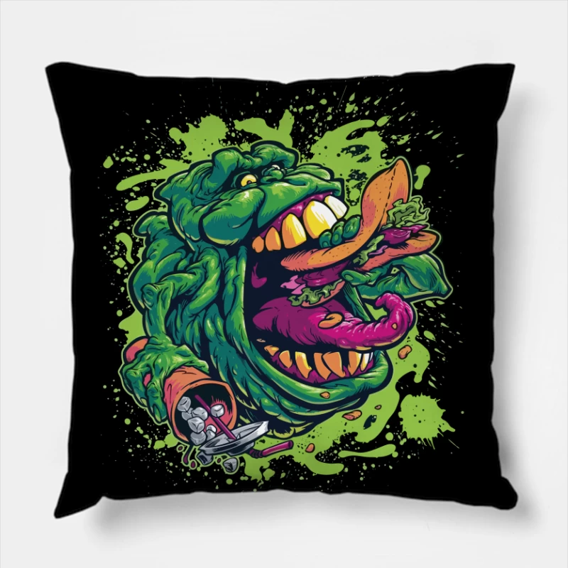 Colorful Monster Eating Food Illustration Throw Pillow