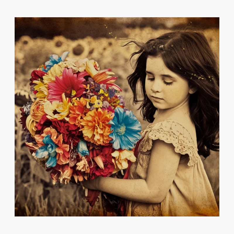 Innocent Girl with Vibrant Bouquet in Sunflower Field Throw Pillow