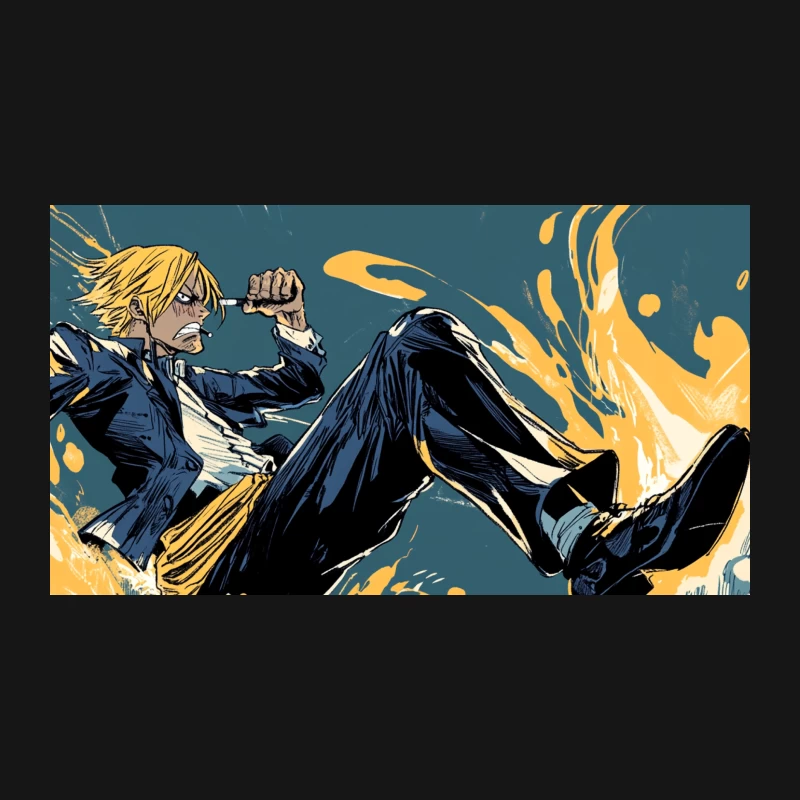 Dynamic Anime Character in Action with Fiery Effects Desk Mat