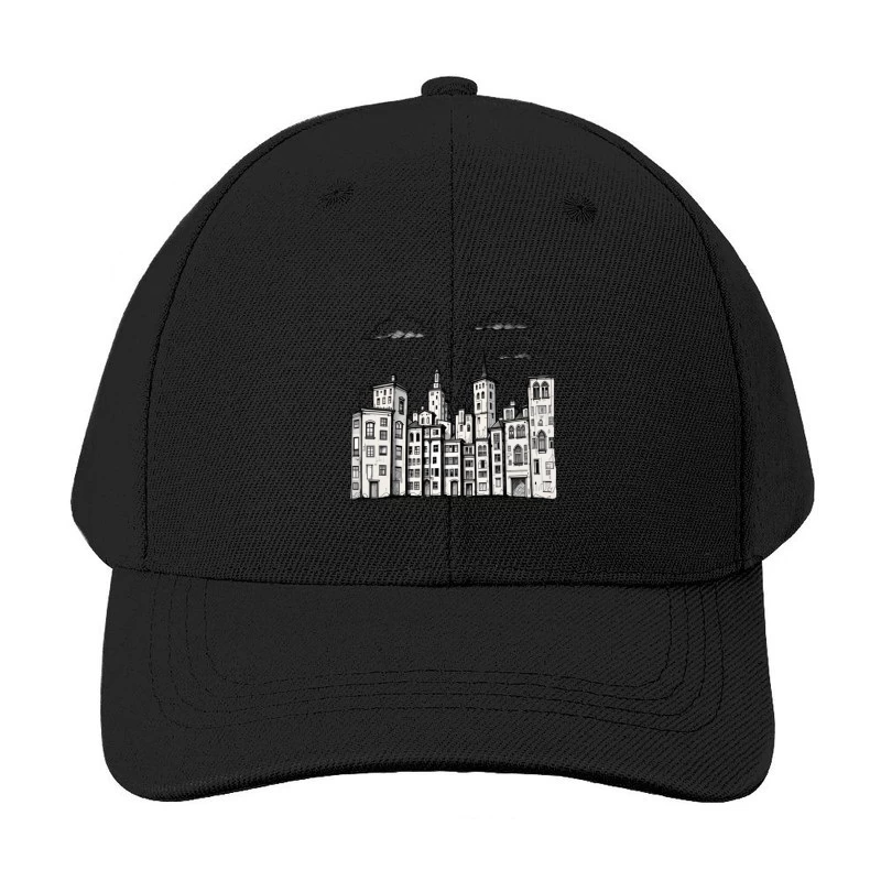 Stylized Black and White Cityscape Illustration Baseball Cap