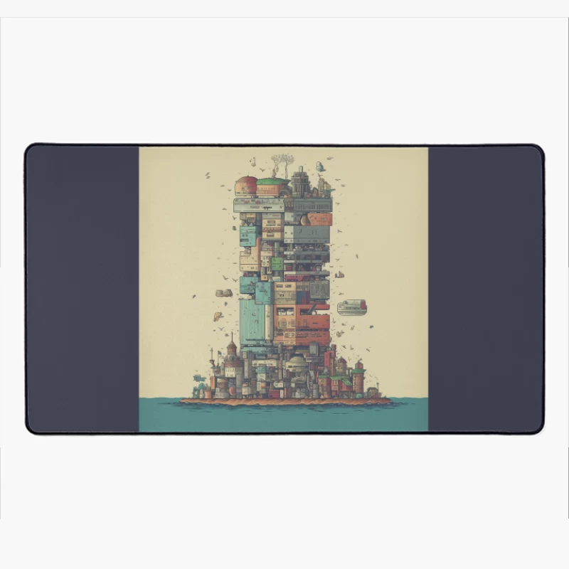 Retro-Futuristic Vertical City Island Desk Mat