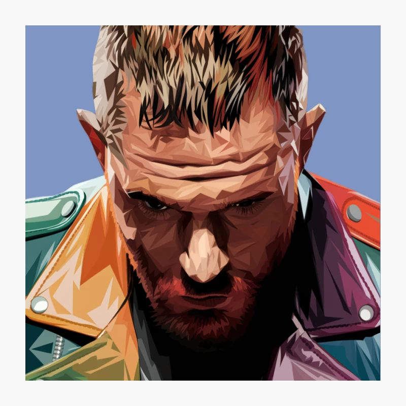 Stylized Portrait of Intense Bearded Man in Colorful Jacket Pin