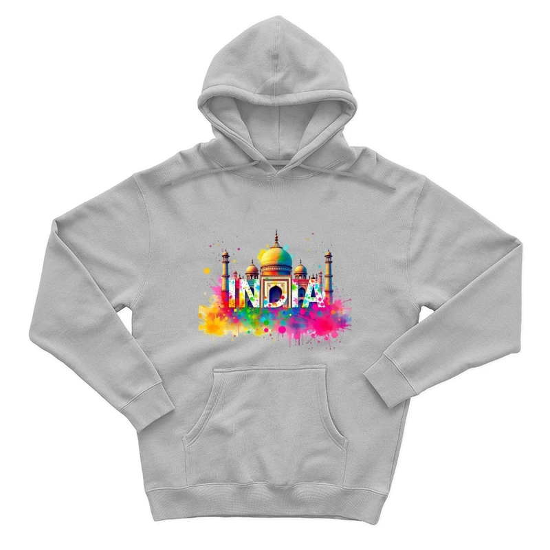 Vibrant Watercolor India Typography with Taj Mahal Silhouette Male Pullover Hoodie