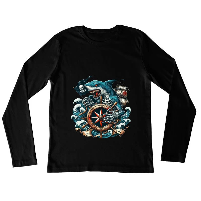 Pirate Shark with Compass and Ship Female Long Sleeve T-Shirt