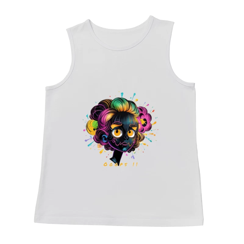 Whimsical Cartoon Character with Rainbow Hair and Paint Splashes Male Tank Top