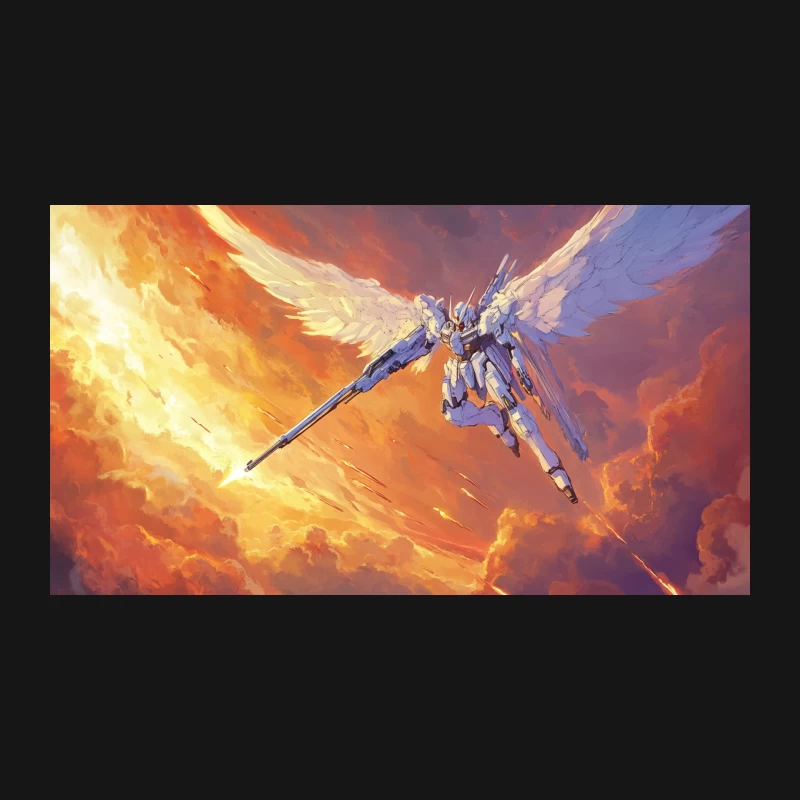 Angelic Mecha Warrior Soaring Through Fiery Skies Desk Mat