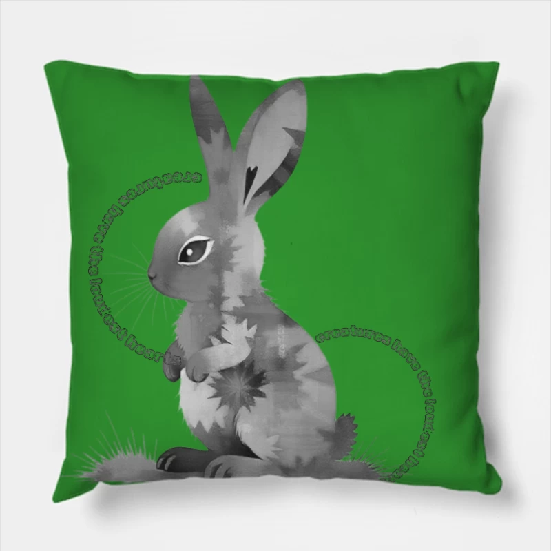 Grayscale Digital Art Illustration of a Sitting Rabbit Throw Pillow