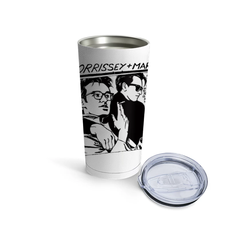 Black and White Comic Style Portrait of Morrissey and Marr with Dark Humor Quote Travel Mug