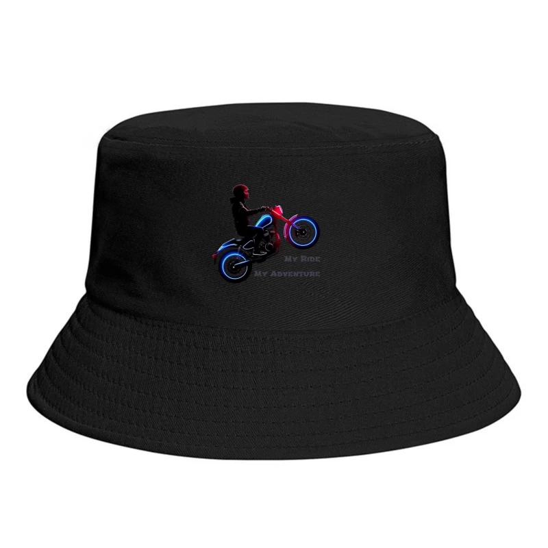 Neon-Lit Motorcycle Rider Silhouette with Adventure Quote Bucket Hat